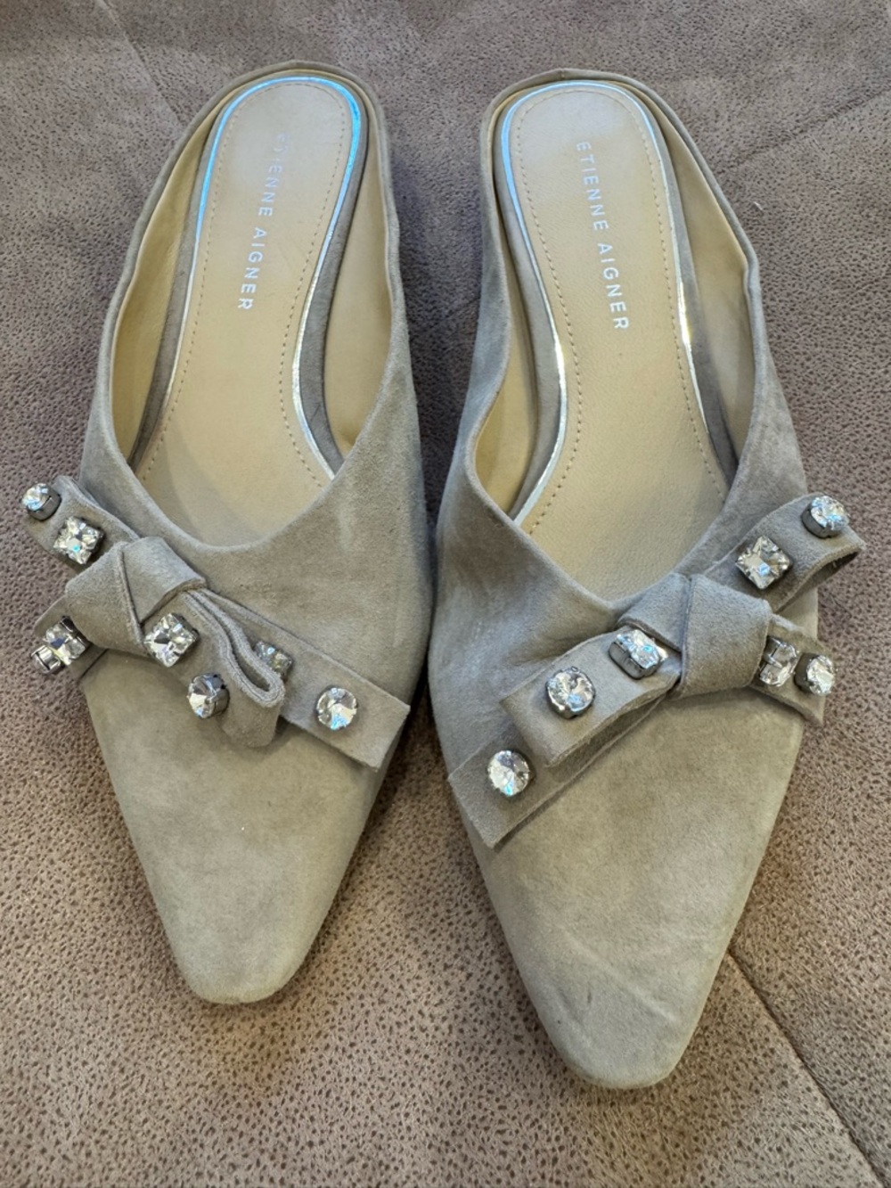 Etienne Aigner Taupe Suede Pointed Toe Mules with Crystal Bow